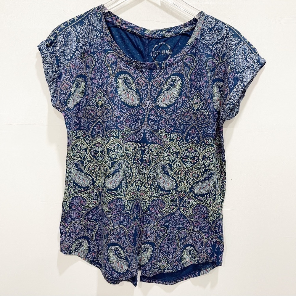 Lucky Brand Paisley Split Back Tee in Navy Size Small